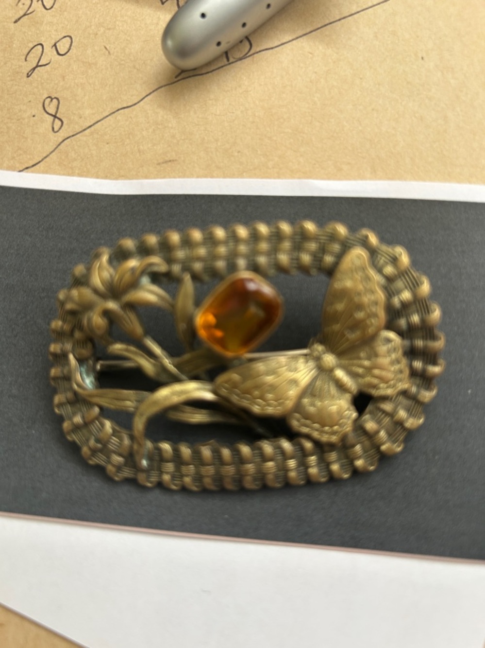 Brass Butterfly Brooch with Amber Stone - Women's Jewelry